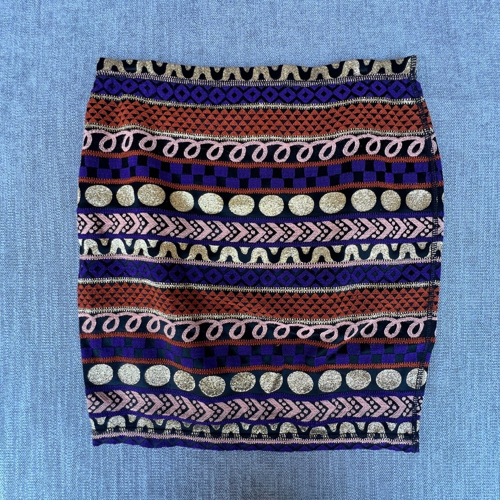 SASSIA Mini Skirt Womens Multicolor Metallic Lurex Ethnic Print Boho Minimalist